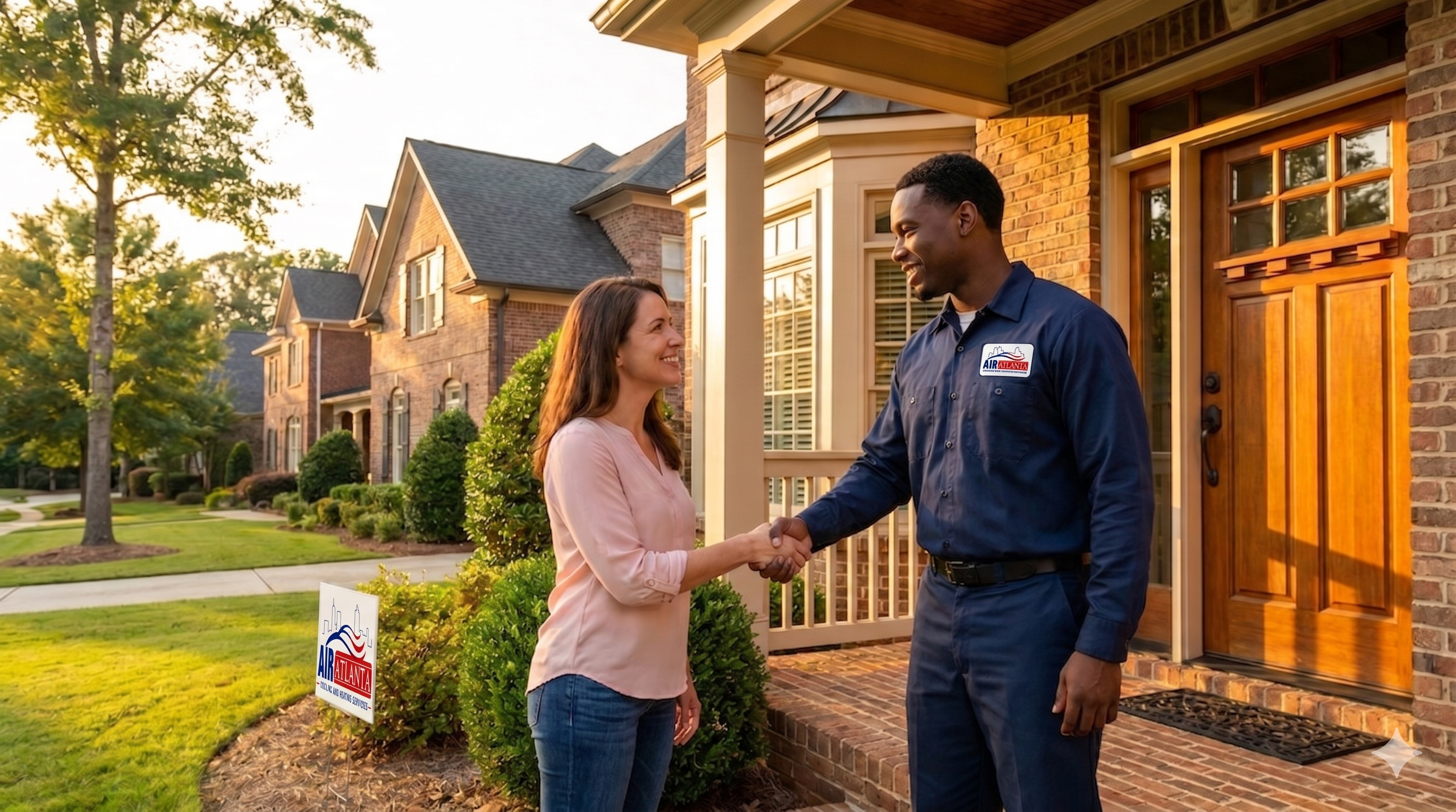 Air Atlanta HVAC technician with homeowner